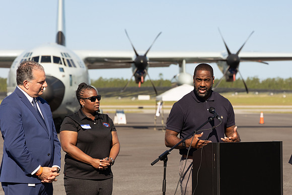 Commissioner Maddox delivers remarks at the 2023 Hurricane Hunters Tour.