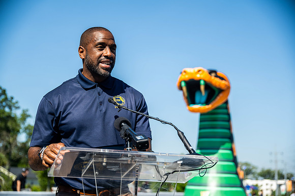 Commissioner Maddox provides remarks at the FAMU Skateable Art Park opening.